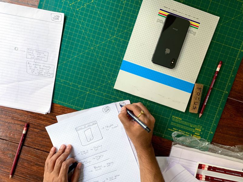 Hands sketching a mobile screen layout on paper at a desk